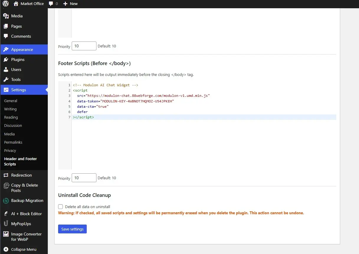 Header and Footer Script - Insert Script from Modulon AI Chat Plug-in
