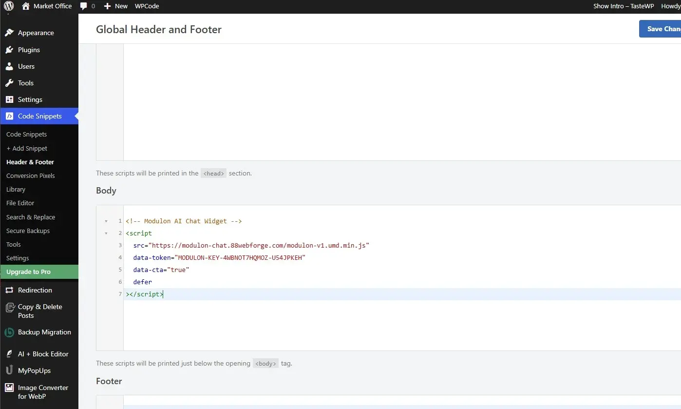 WPCode Plug-in - Inserting API key from Modulon AI Chat Plug-in