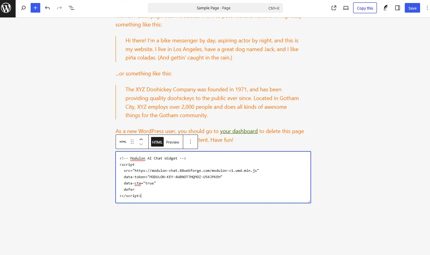 Insert Via Custom Html Block - Modulon Chat Plugin